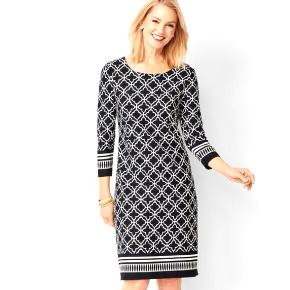Talbots Geo Print Sheath Dress Women’s Size 14 Border Print Stretch Ponte Knit